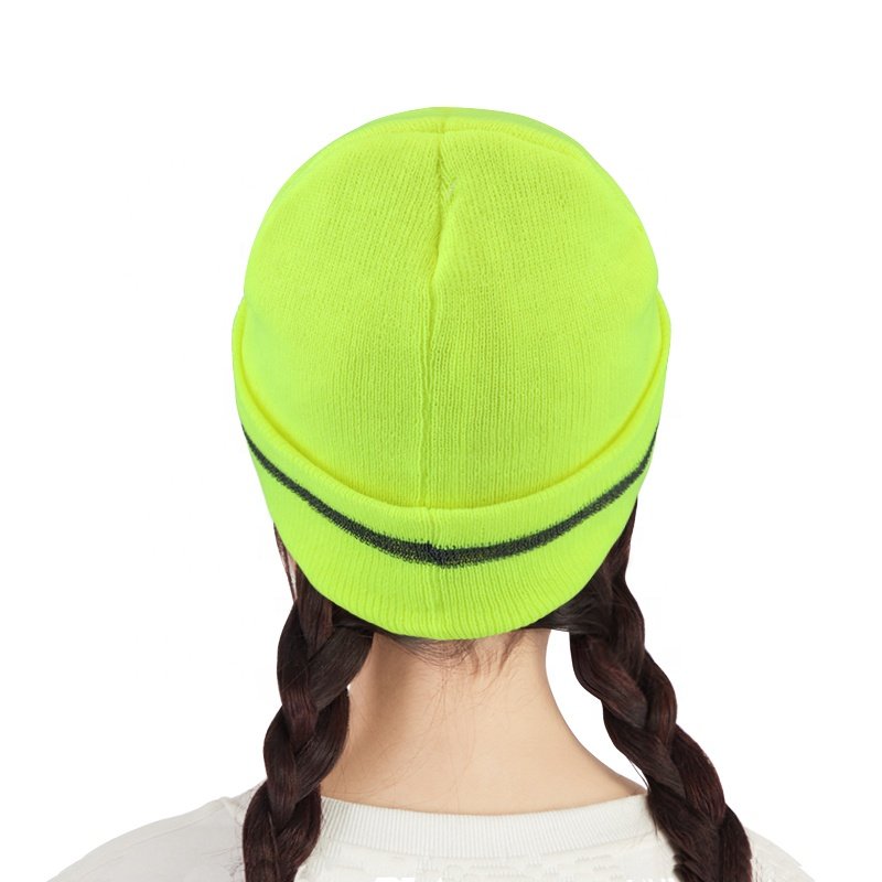 Unisex Winter Hat Knitted Custom Warm and Stretchable Fluorescent Green Neon Beanie Hat with with Reflective Strip Band