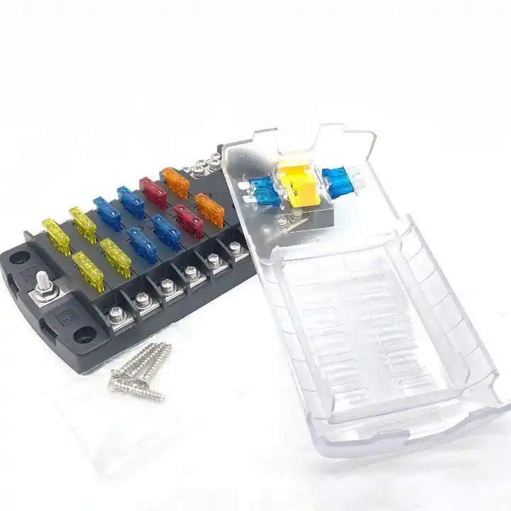 DC 12V ST Blade ATO / ATC Fuse Blocks Fuse Box Built in Negative Pole 12 Way Blue Cover Fuse Block for Car Boat Marine