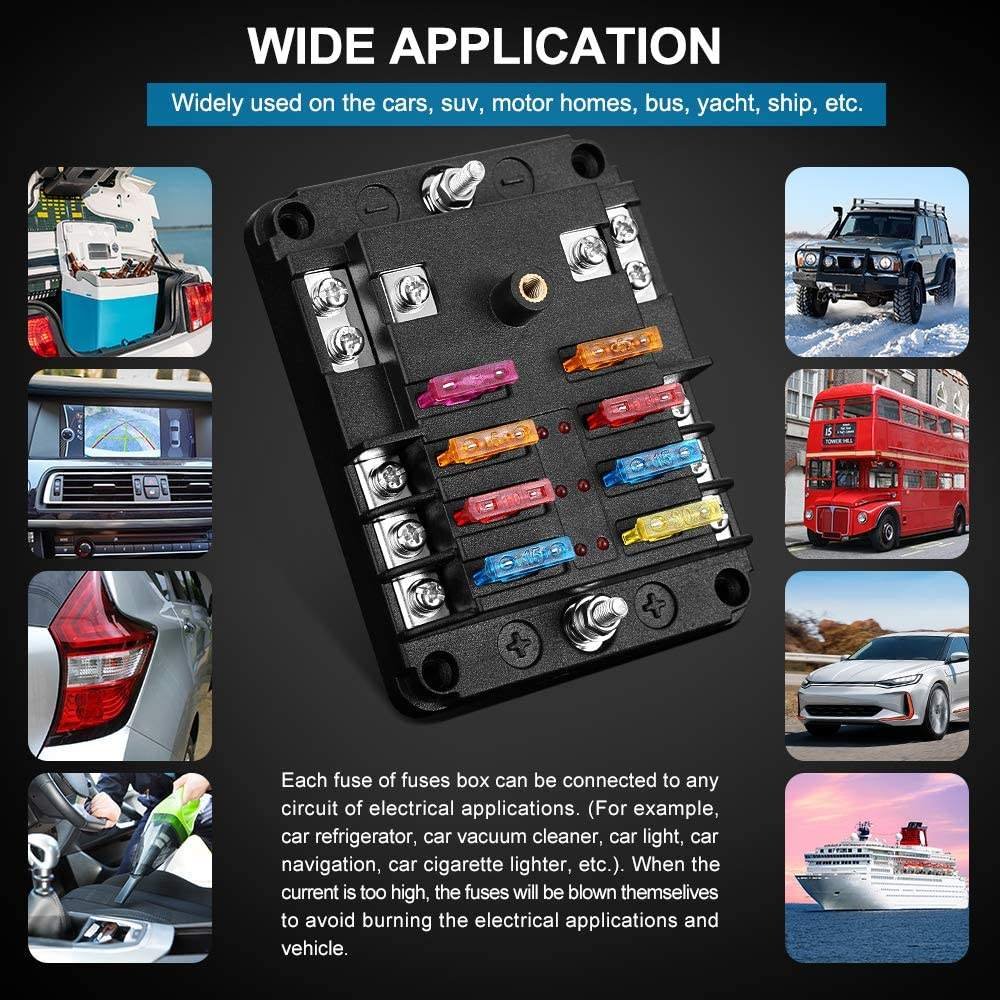 Upgraded 6 Way Fuse Blade Box Holder W/Negative Bus Waterproof Cover for 12V/24V Auto Car RV Marine Boat Yacht