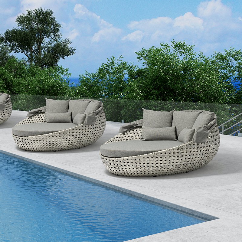 Uland Outdoor Furniture Grey Round Sunbed Rattan Wicker Garden General Use Canopy Daybed