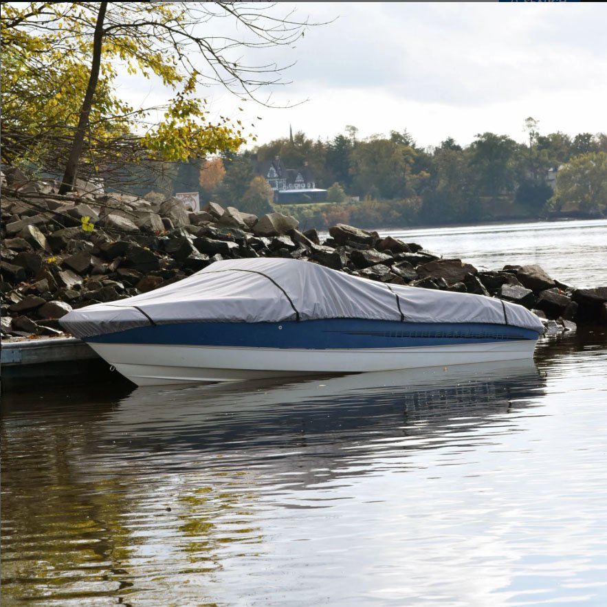 HOTO Marine Grade Universal Canvas 600D Polyester UV Resistant Waterproof V-Hull Tri-Hull Boat Cover with Storage Bag