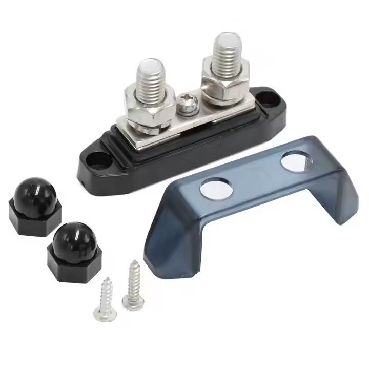 2 Way M10 Stud Nickel Plated Brass 250A Car Audio Power Distribution Block Bus Bar With Cover for RV Boat