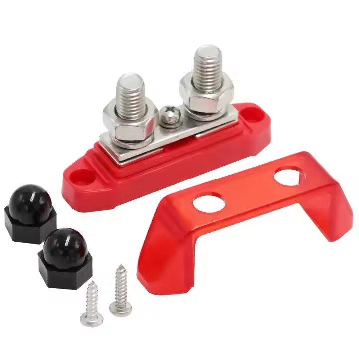 2 Way M10 Stud Nickel Plated Brass 250A Car Audio Power Distribution Block Bus Bar With Cover for RV Boat