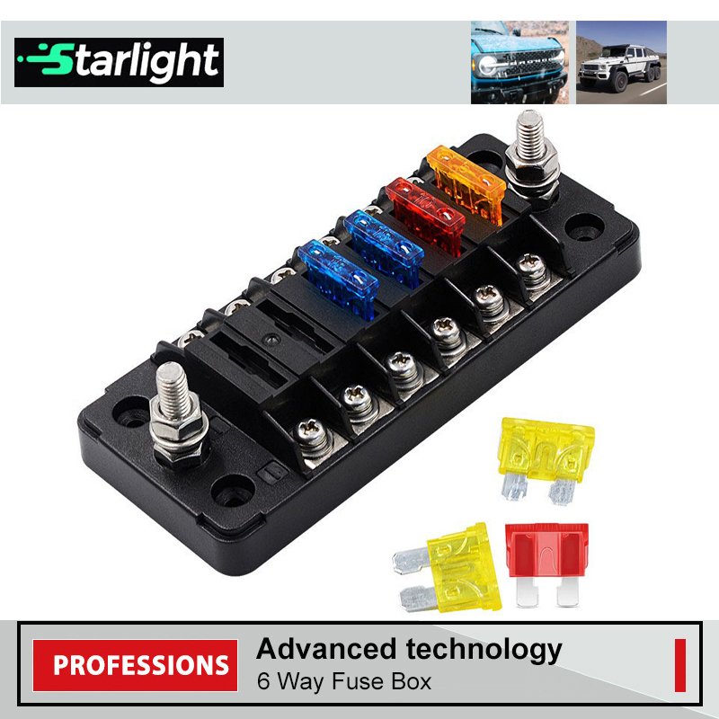 12V/24V 6-Way Fuse Block with Negative Bus ATC/ATO Blade Fuses Waterproof for Automotive Boat RV