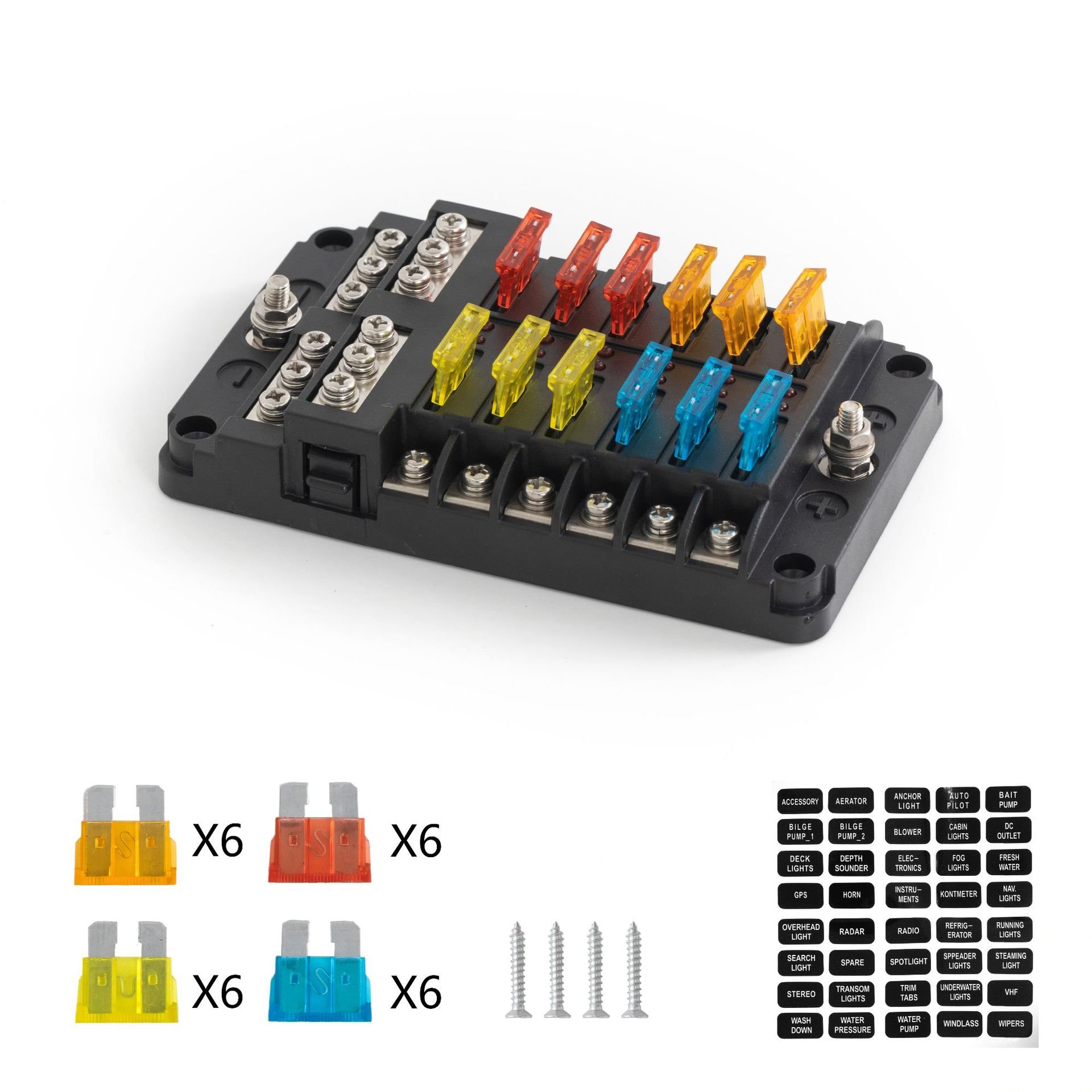 12-24V Marine Fuse Panel With Fuse Holder and Blade Components 12 Way Fuse Box Car Boat Automotive