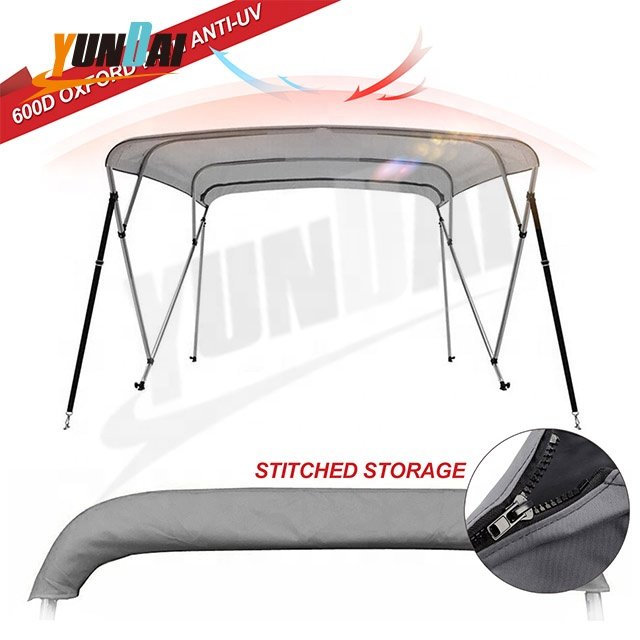 Black 4 Bow 600D Polyester Aluminum Boat Tent Top Cover with Rear Support Pole and Storage Boot Bimini Top for Boats