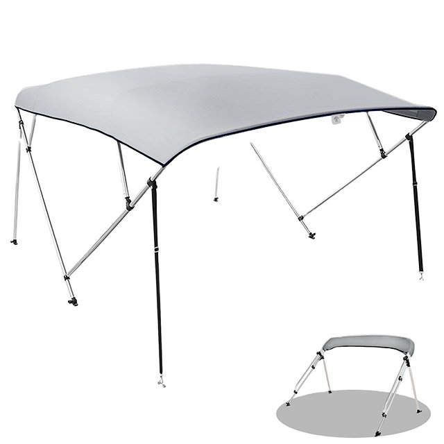 Grey 4 Bow 600D Polyester Aluminum Boat Tent Top Cover with Rear Support Pole and Storage Boot Bimini Top for Boats