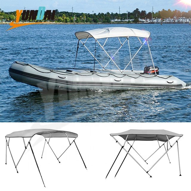 Grey 4 Bow 600D Polyester Aluminum Boat Tent Top Cover with Rear Support Pole and Storage Boot Bimini Top for Boats
