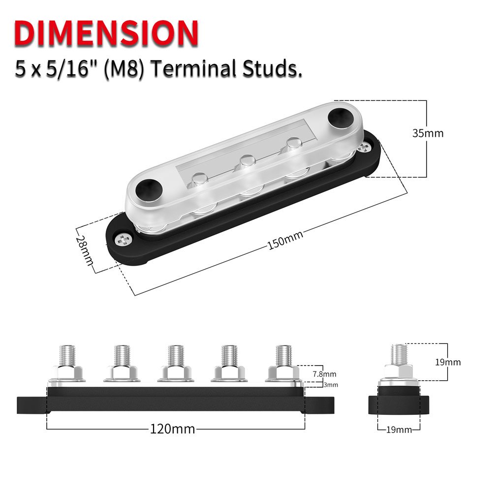 Daiertek 5 X M8 Heavyduty Busbar Bus Bar 100A 200A 300A Terminal Block With Cover for Car Marine Boat
