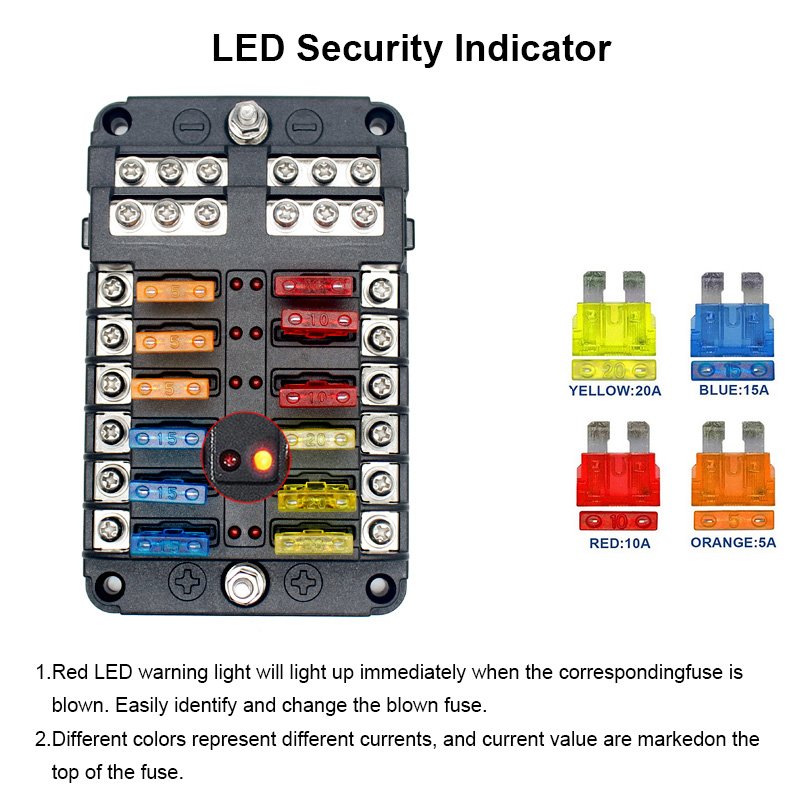 Waterproof 12 Way Circuit Boat Fuse Blocks Holder 32V DC Fuse Box with LED Indicator Cover for Marine Car