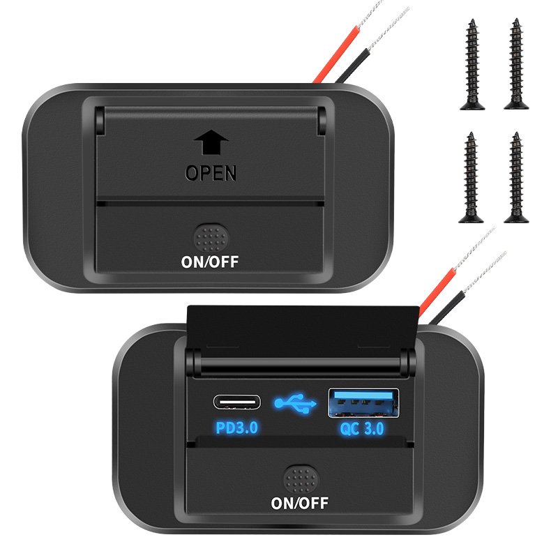 QC3.0 PD and USB Square Car Fast Charger DC12-24V Socket With Spring Cover for Car, Boat, Marine, RV,Truck
