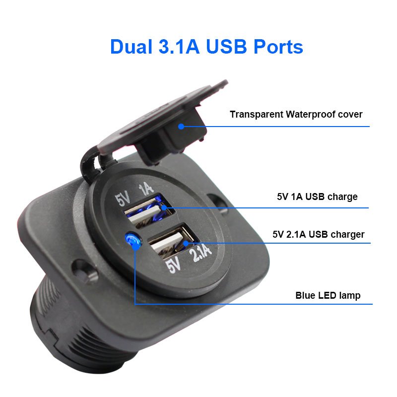 3.A Dual USB Panel Mounted Car Charger Socket Outlet DC Power Outlet for Car Motorcycle Marine Boat