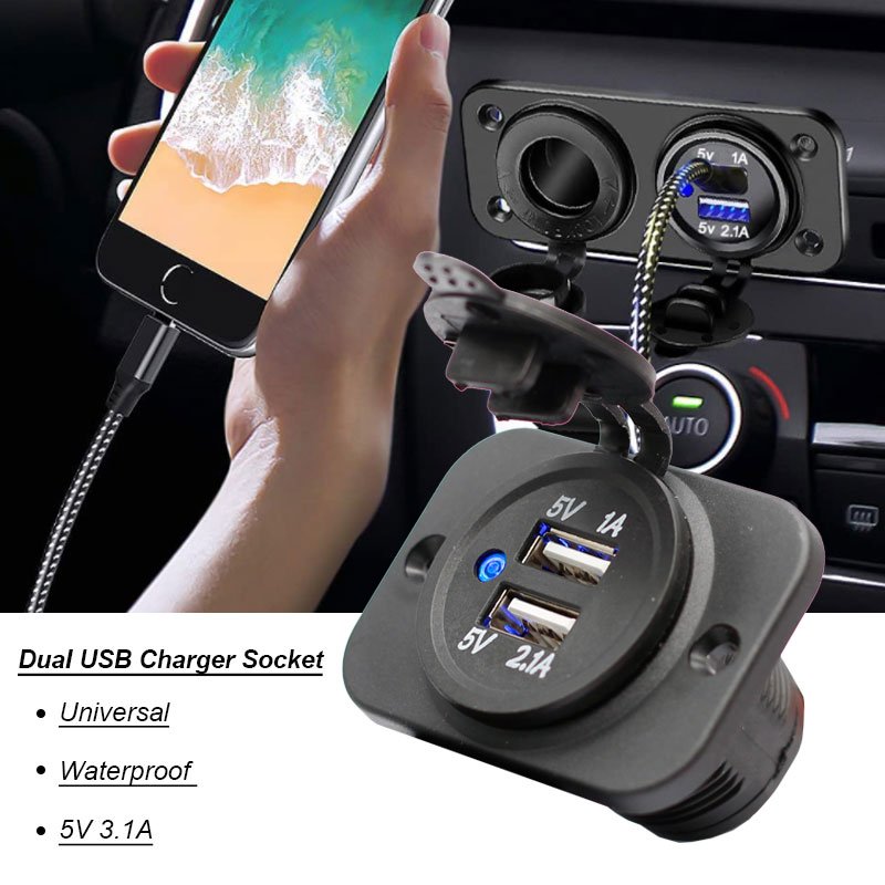 3.A Dual USB Panel Mounted Car Charger Socket Outlet DC Power Outlet for Car Motorcycle Marine Boat