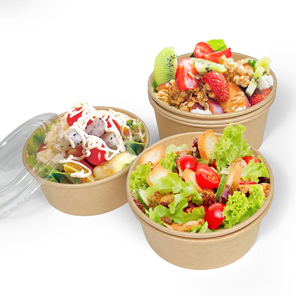 Hot Selling High Quality Food Grade Brown Kraft Paper Salad Bowl with Cover Lid