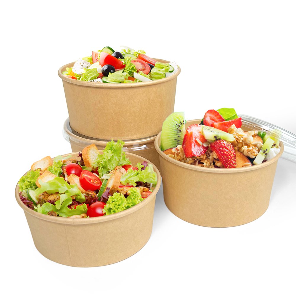 Hot Selling High Quality Food Grade Brown Kraft Paper Salad Bowl with Cover Lid
