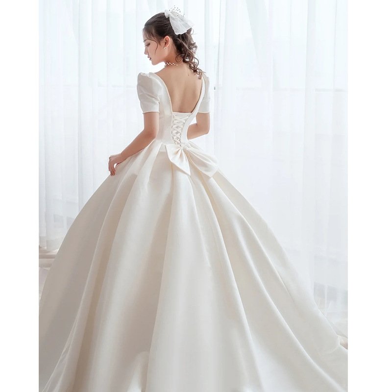 ZX-2242 Satin Wedding Dress New Bride Small Line Shoulder Temperament Train Cover Thick Arms Simple