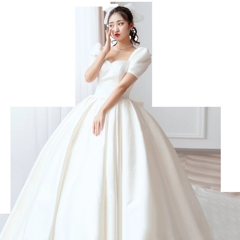 ZX-2242 Satin Wedding Dress New Bride Small Line Shoulder Temperament Train Cover Thick Arms Simple