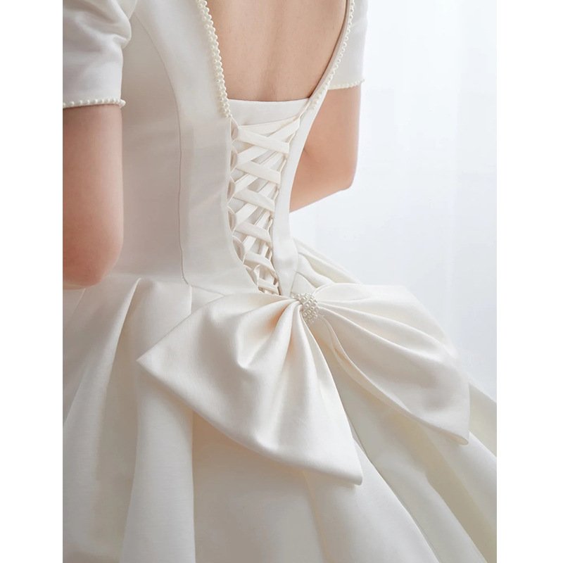 ZX-2242 Satin Wedding Dress New Bride Small Line Shoulder Temperament Train Cover Thick Arms Simple