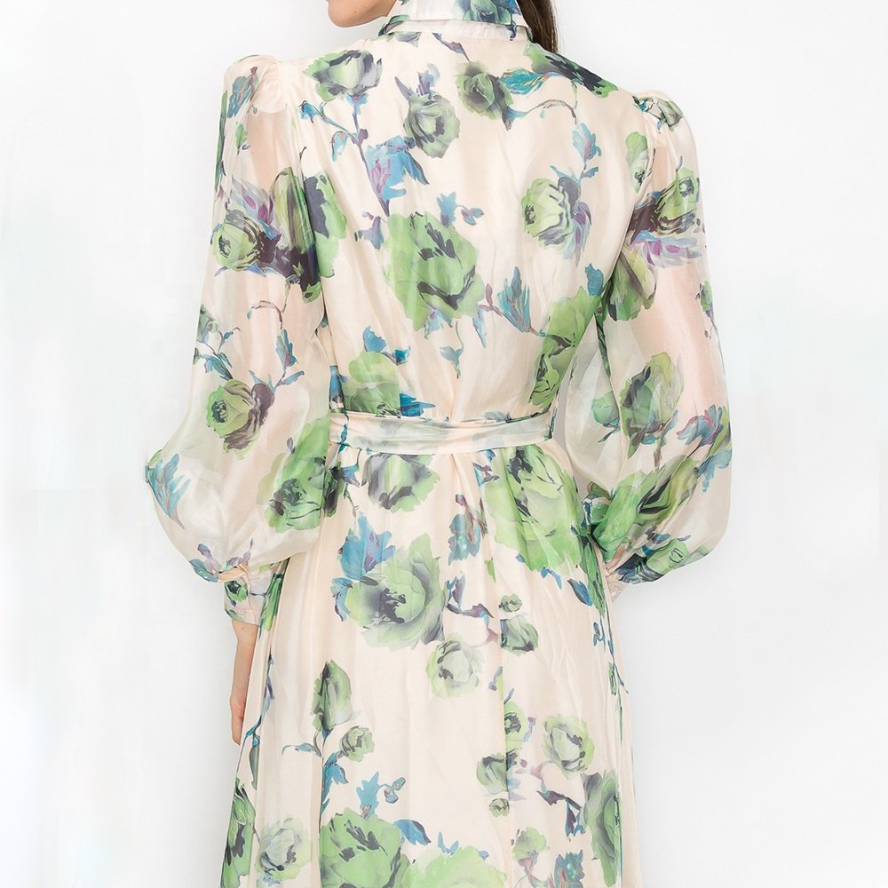 Mesh Cover Long Sleeves Floral Printed Dresses Modest Maxi Women Lady Elegant Floor-length