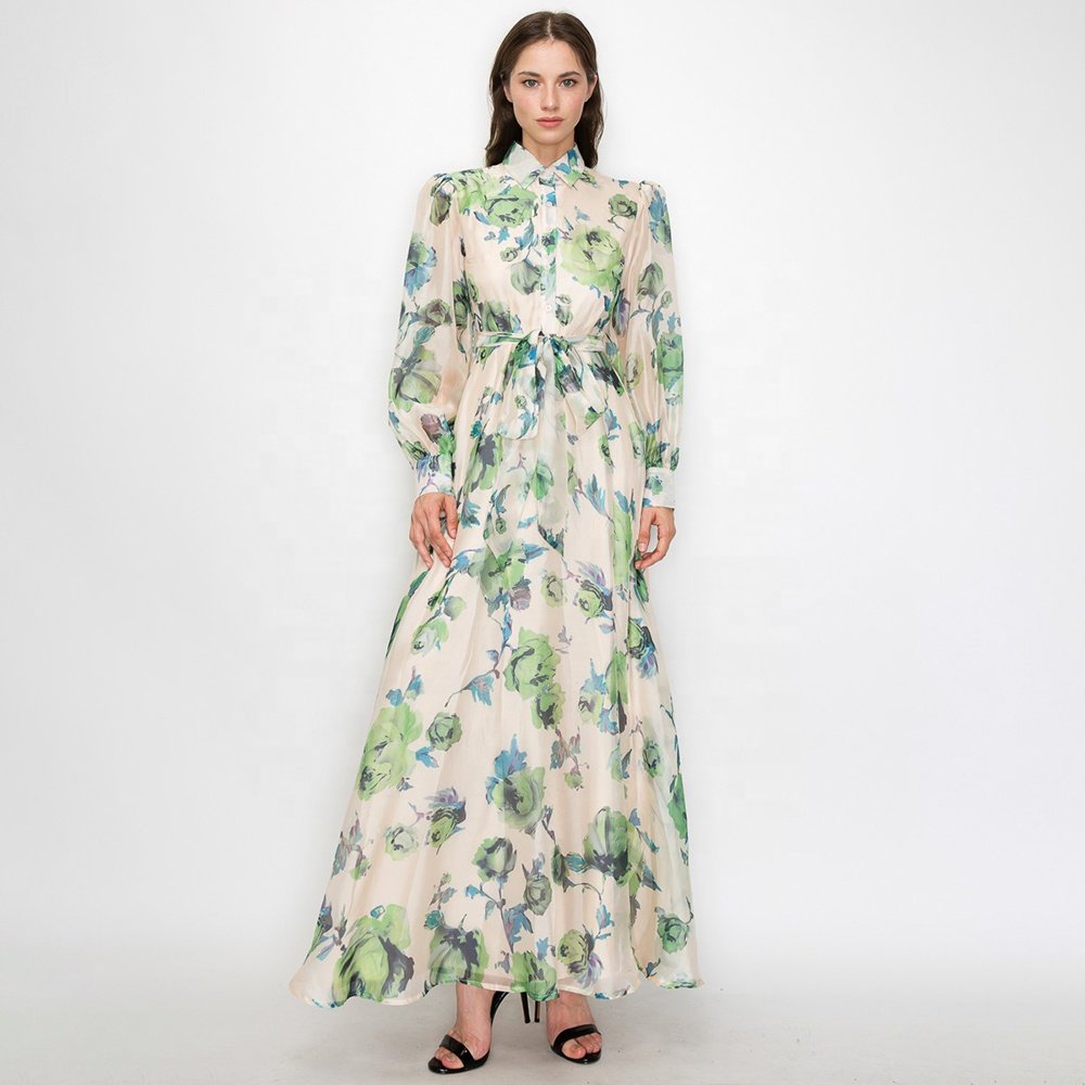 Mesh Cover Long Sleeves Floral Printed Dresses Modest Maxi Women Lady Elegant Floor-length