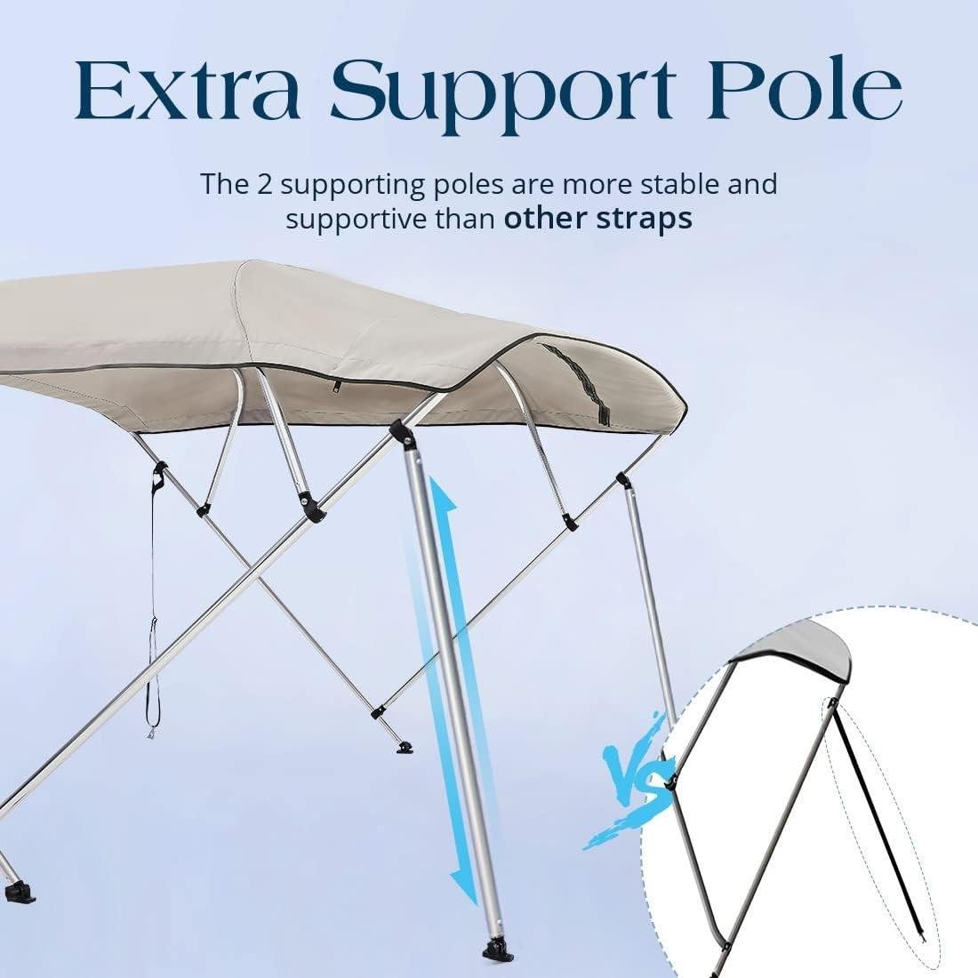 Waterproof 3 Bow Bimini Top Sun Shade Boat Canopy with Rear Support Poles and Storage Boot
