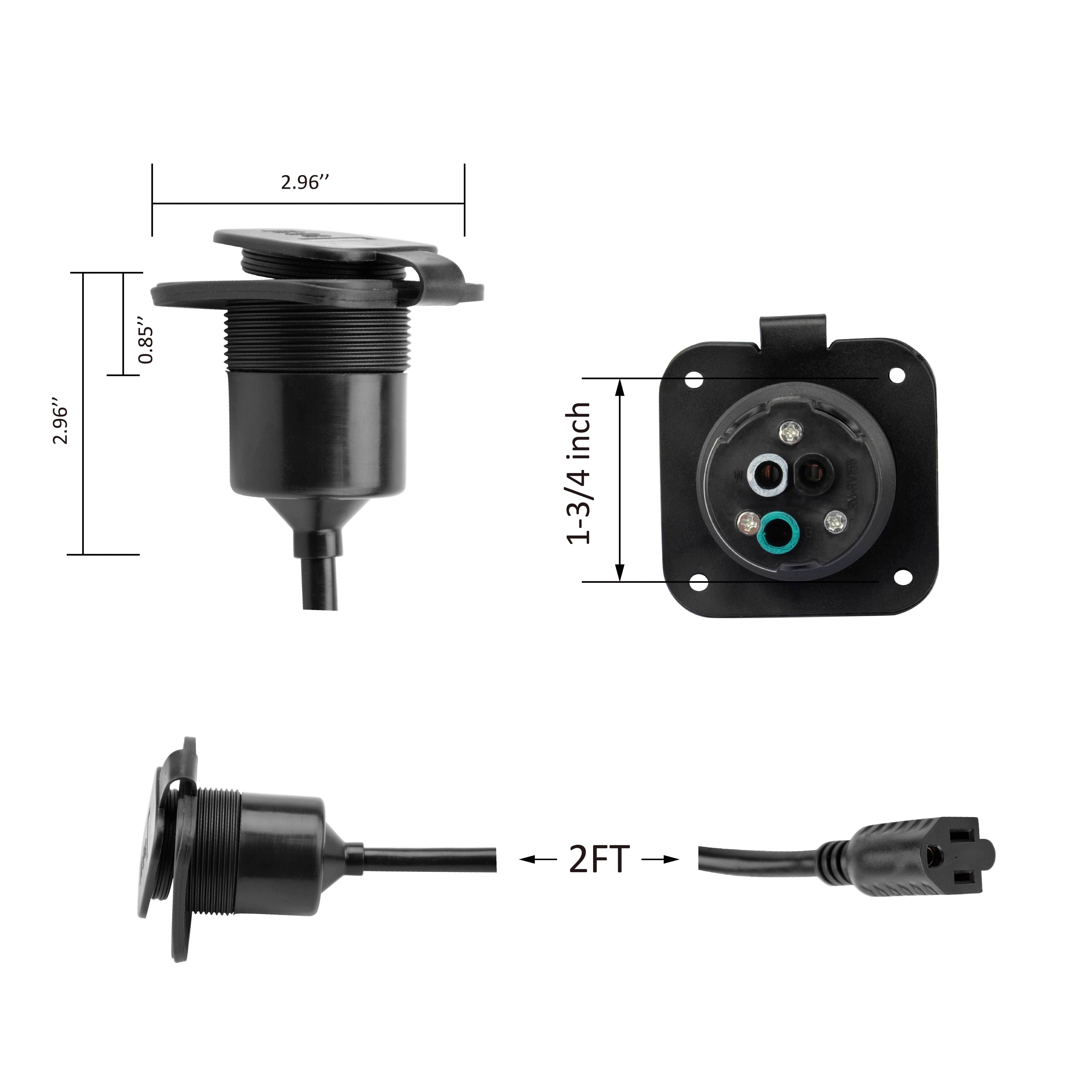 15 Amp 125V AC Power Inlet Port Plug with Integrated 18" Extension Cord, NEMA 5-15 RV Flanged Inlet with Waterproof & Back Cover
