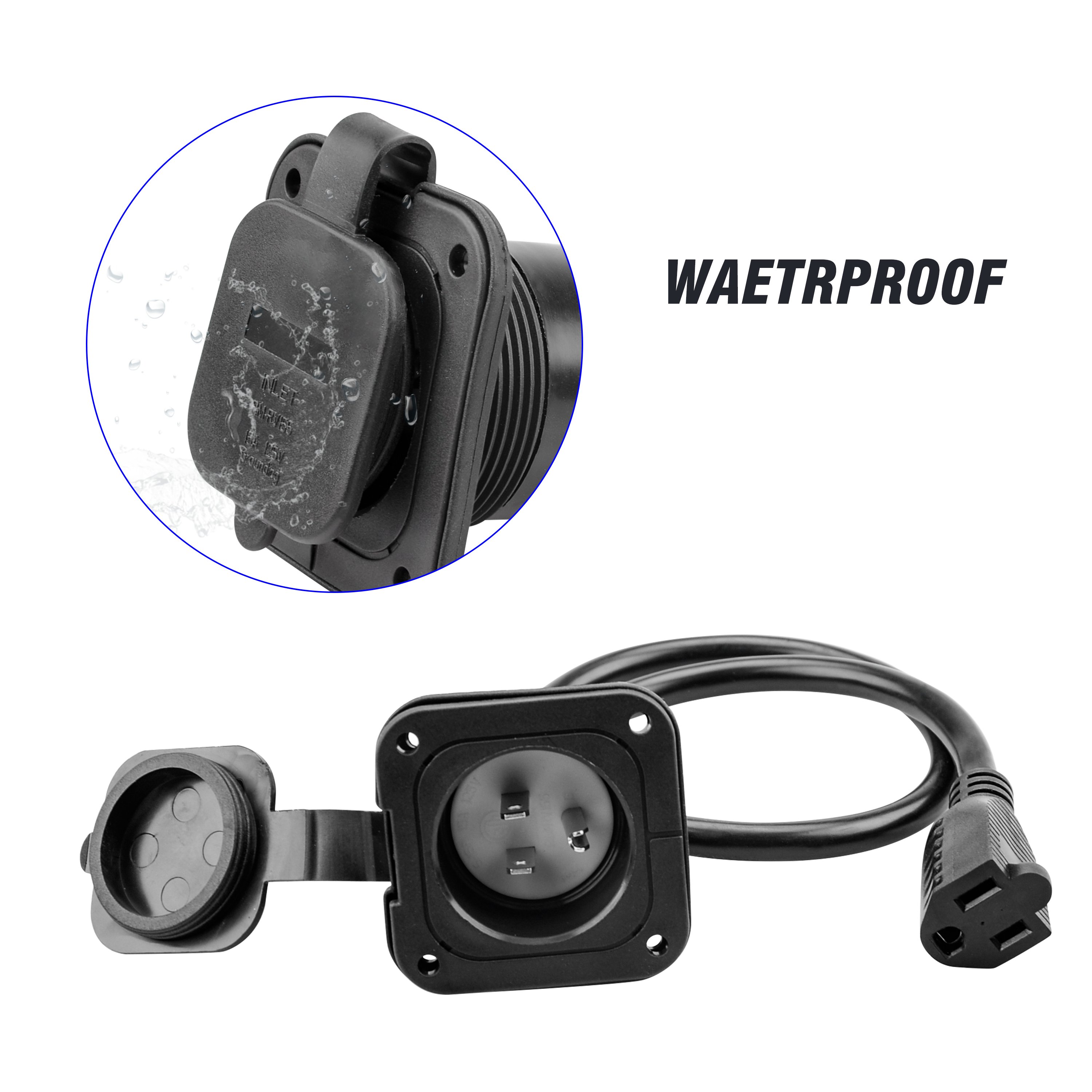 15 Amp 125V AC Power Inlet Port Plug with Integrated 18" Extension Cord, NEMA 5-15 RV Flanged Inlet with Waterproof & Back Cover