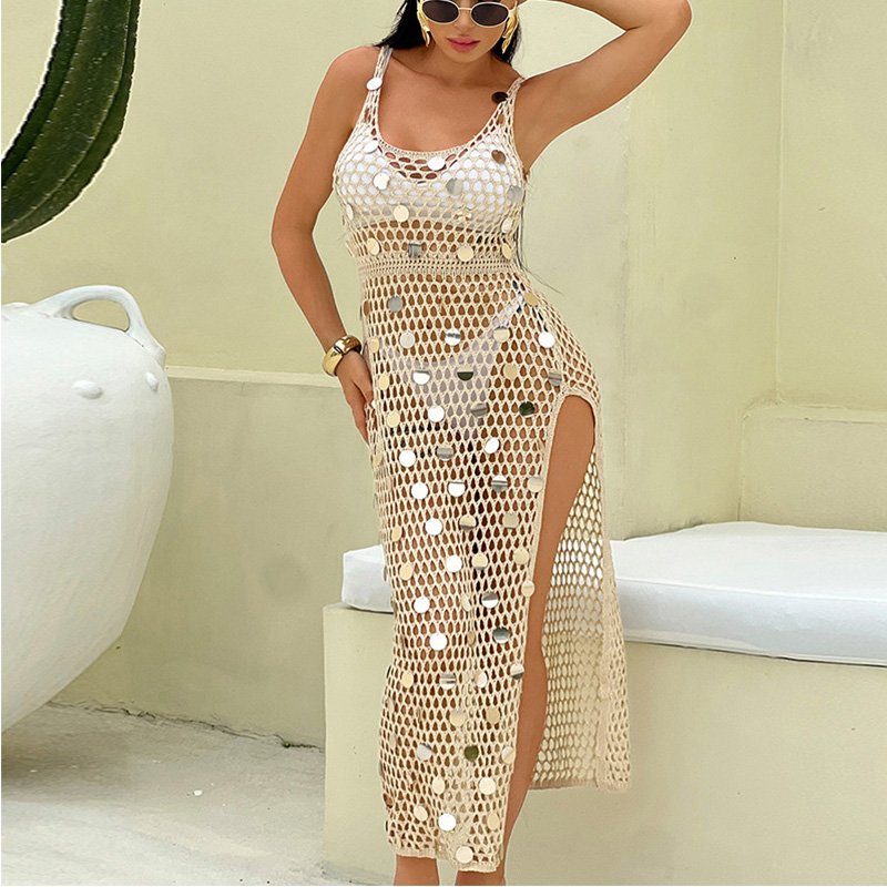 Women See Through Mesh Hollow Out String Bikini Sequin Camisole Boat Collar Slit Hem Swimwear Knitted Bodysuit Maxi Prom Dress
