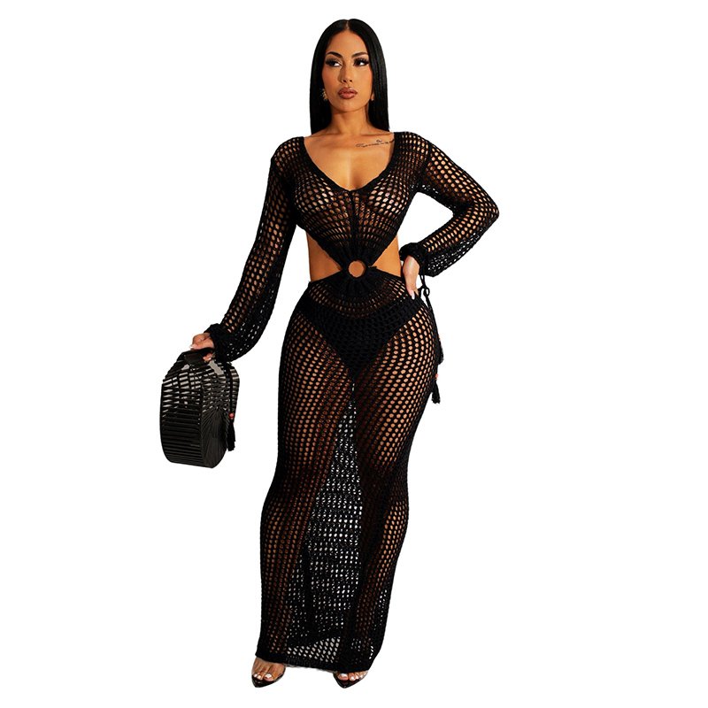 2025 Summer Boho Crochet Knit Maxi Long Beachwear Swimwear Plus Size Women Dress Beach Cover up
