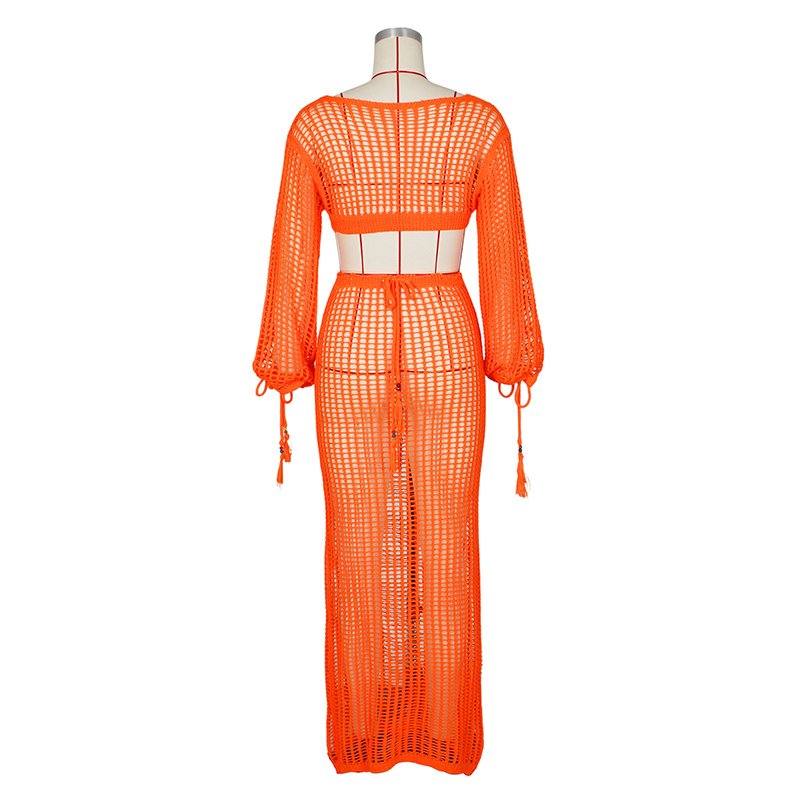2025 Summer Boho Crochet Knit Maxi Long Beachwear Swimwear Plus Size Women Dress Beach Cover up
