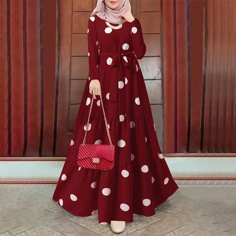 Casual Muslim Large Wave Printed Linen Dress Long Sleeve Lace-Up Cover Head Gown Washable Party Style Nonwoven Cotton"
