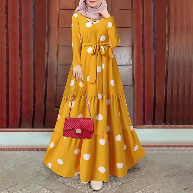 Casual Muslim Large Wave Printed Linen Dress Long Sleeve Lace-Up Cover Head Gown Washable Party Style Nonwoven Cotton"