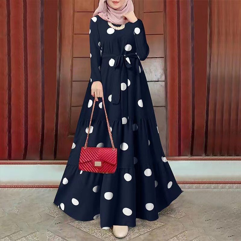 Casual Muslim Large Wave Printed Linen Dress Long Sleeve Lace-Up Cover Head Gown Washable Party Style Nonwoven Cotton"