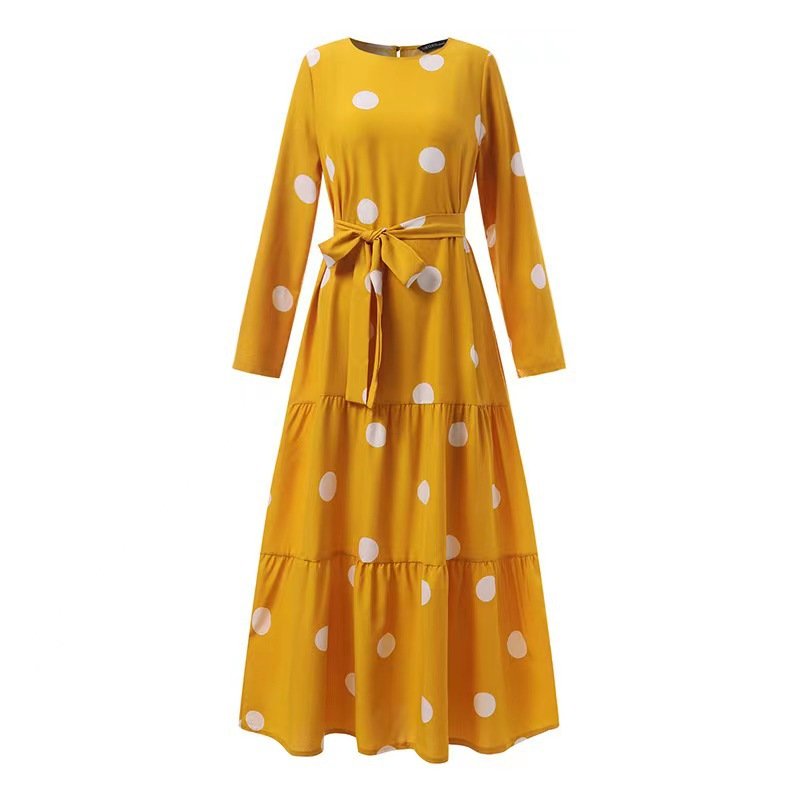 Casual Muslim Large Wave Printed Linen Dress Long Sleeve Lace-Up Cover Head Gown Washable Party Style Nonwoven Cotton"