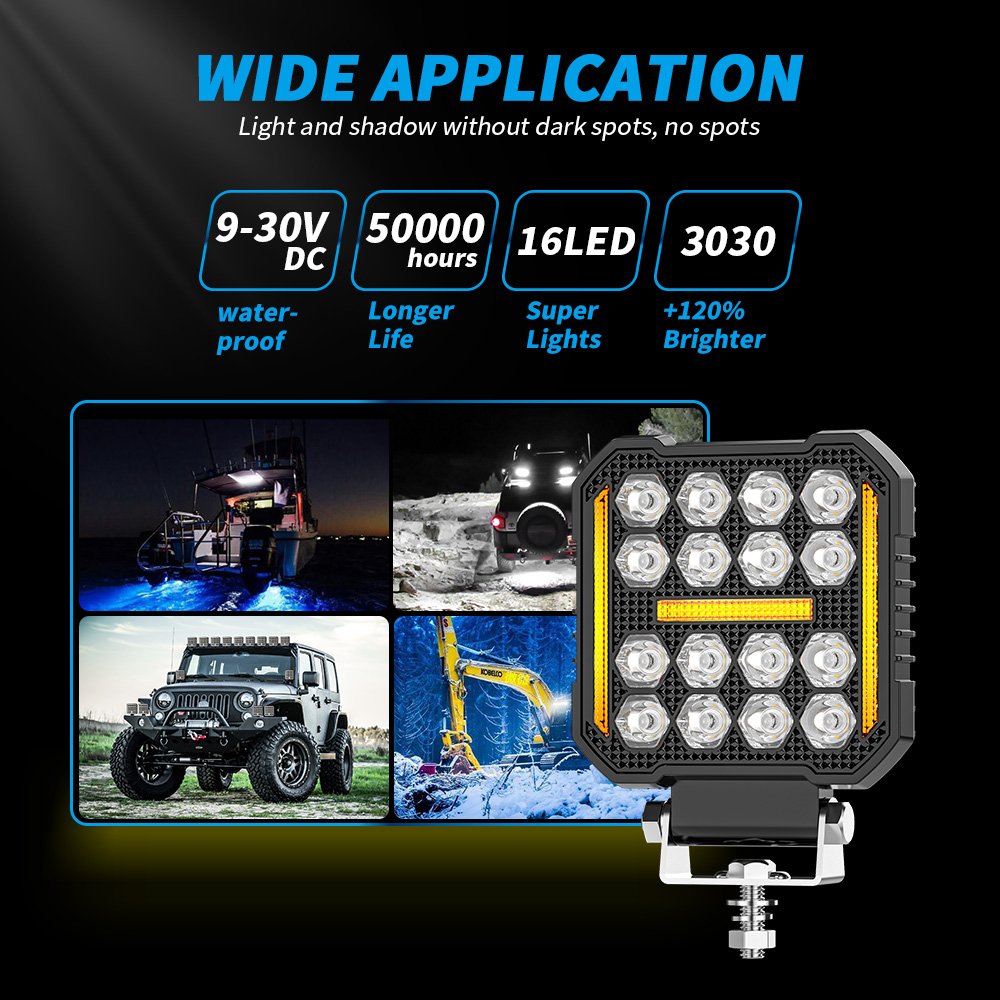 DXZ 2024 New 4inch Led 4X4 Square Spotlight 16LED Work Light for Truck Led Working Lights Black Cover Led Square Headlights