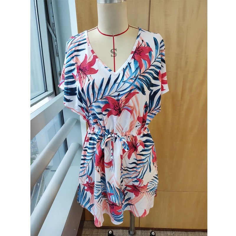 Women's Cover up Short Sleeve Swimwear Beachwear Coverups Loose V-Neck Bikini Beach Swim Dress