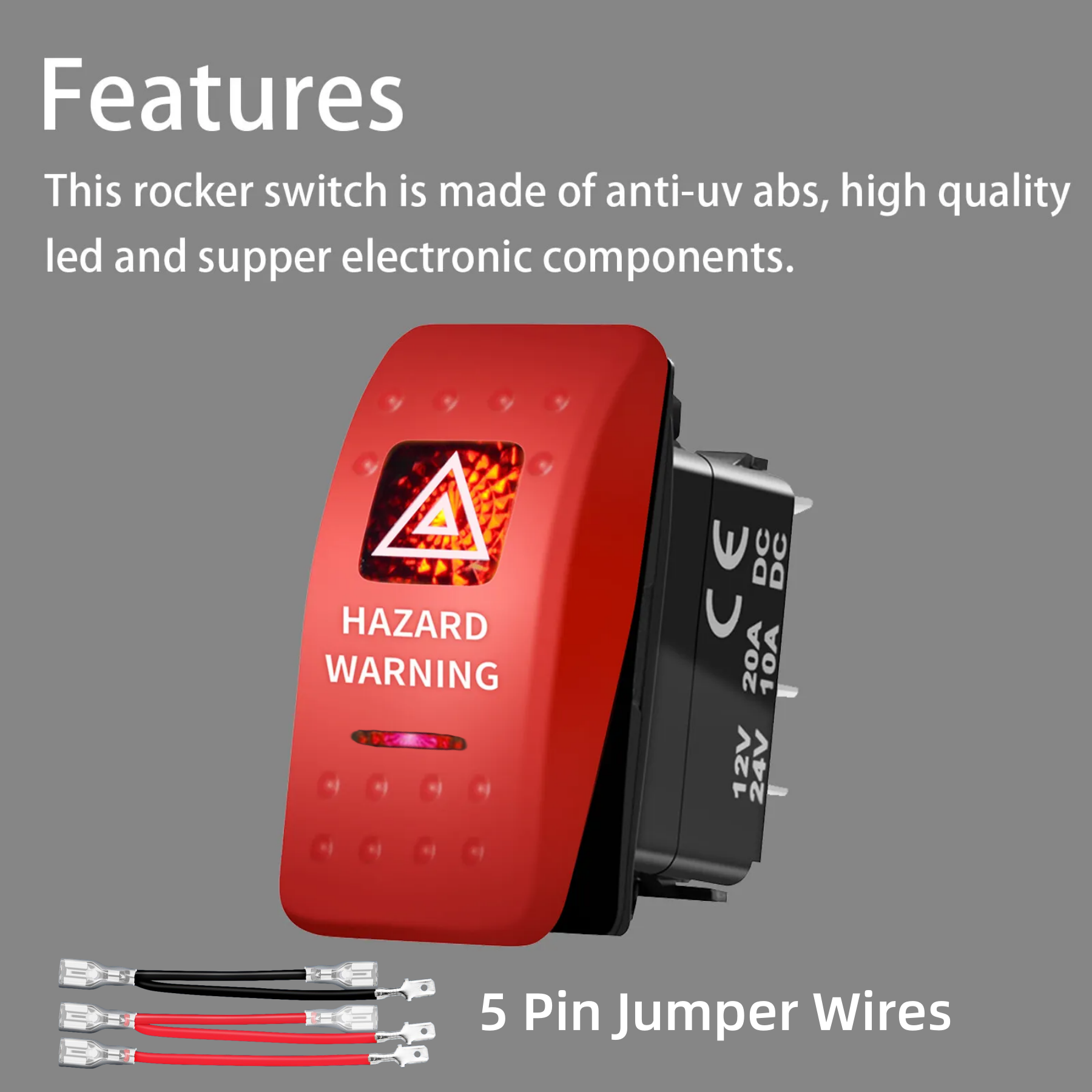Hazard Warning Rocker Switch with Red Cover 4/5 Pin SPST 12V ON-OFF Switch Car Hazard Lights Rocker Toggle Switch Waterproof