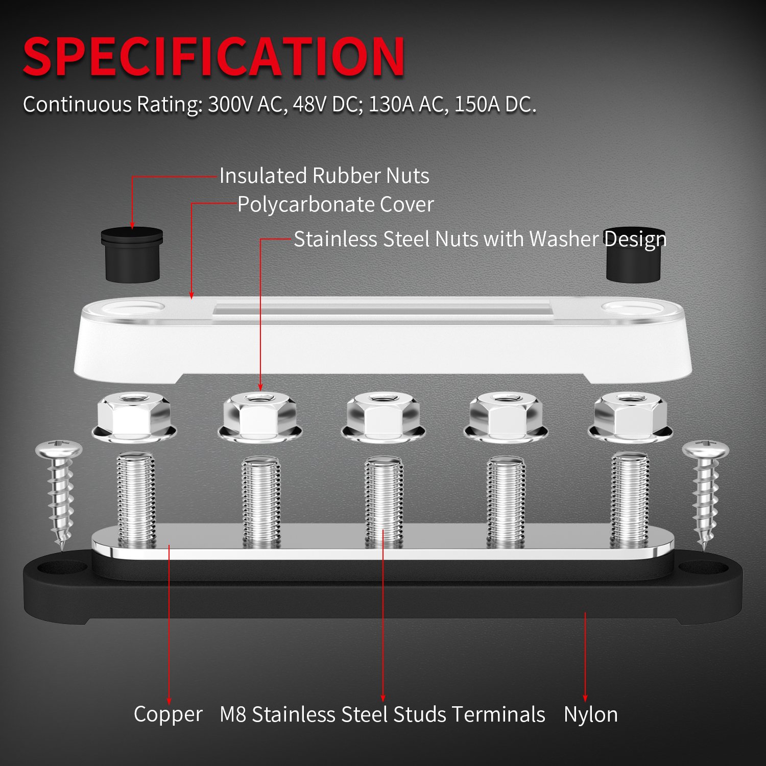 12-48VDC 5 X M8 Busbar 150A Terminals Bus Bar Copper Power Distribution Terminal Blocks with Cover for Car Boat