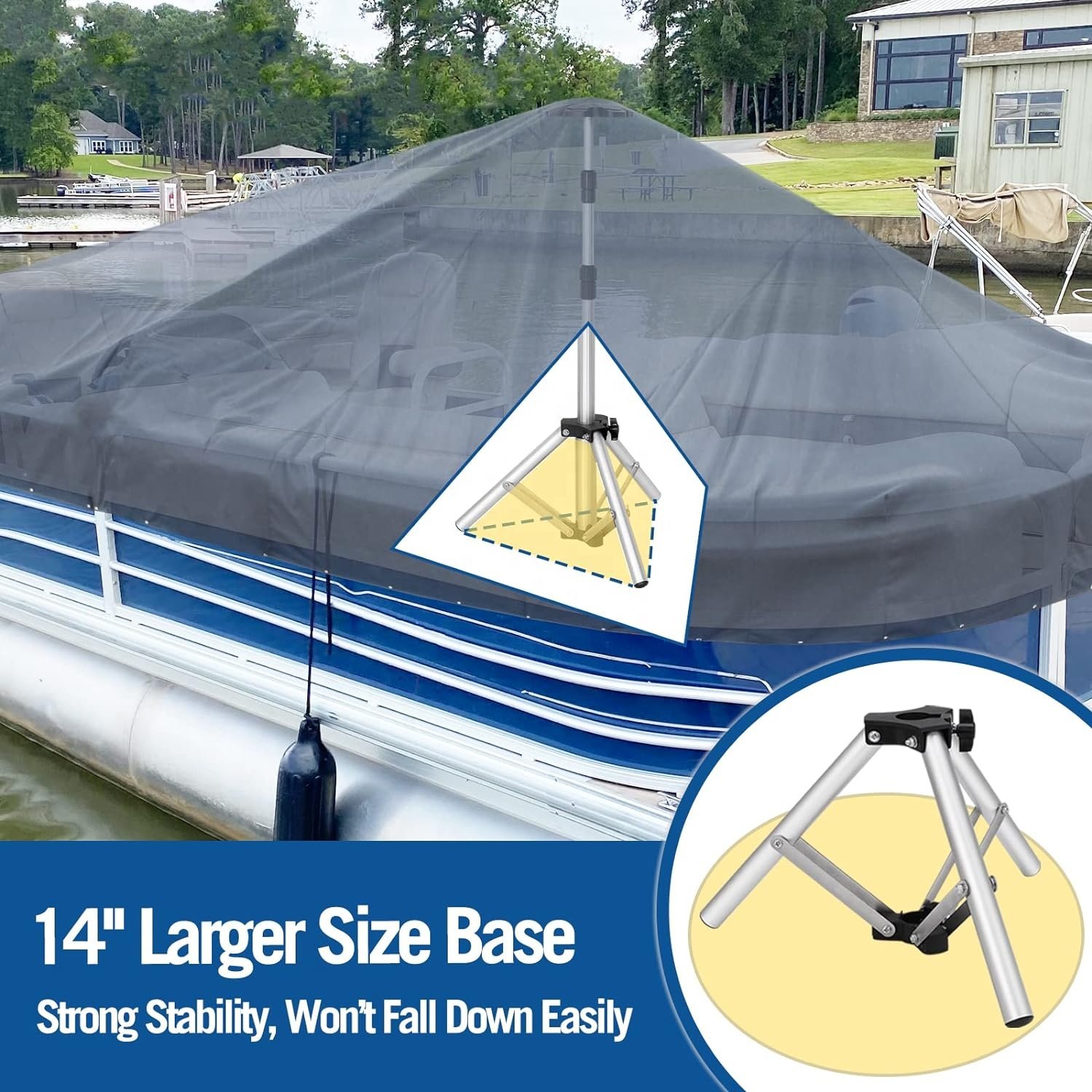Boat Cover Support Pole with Metal Tripod Base and Adjustable with 6 Straps