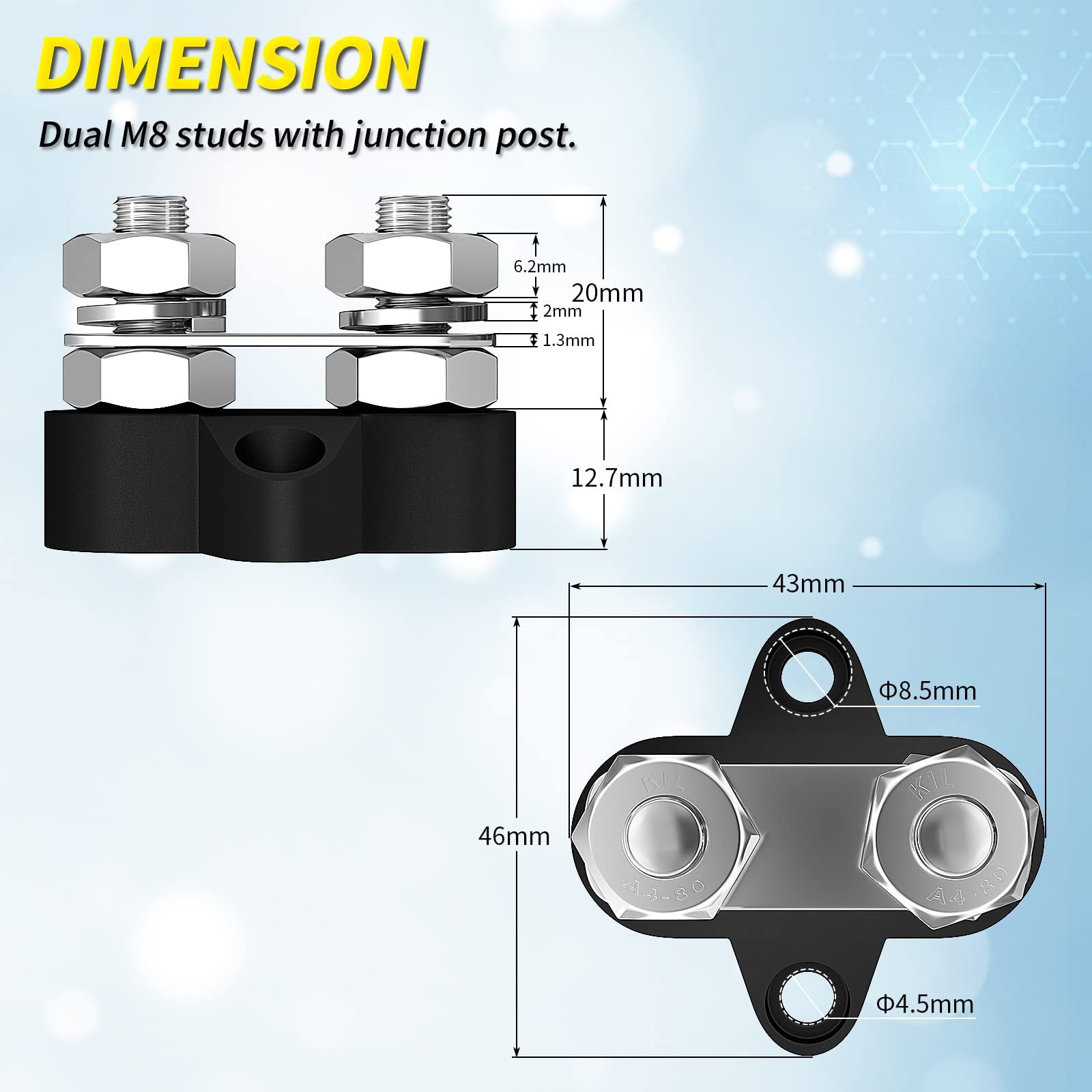 Bus Bar 12V Battery Wire Power Distribution Terminal Block M8 Dual Studs Junction Block Post Busbar for Auto Car Marine Boat