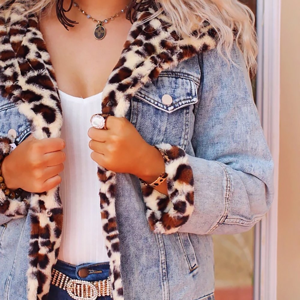 Luxury Design Warm Soft Lining Wool Leopard Pattern Patched Denim Hooded Jackets Outwear Outfits for Women