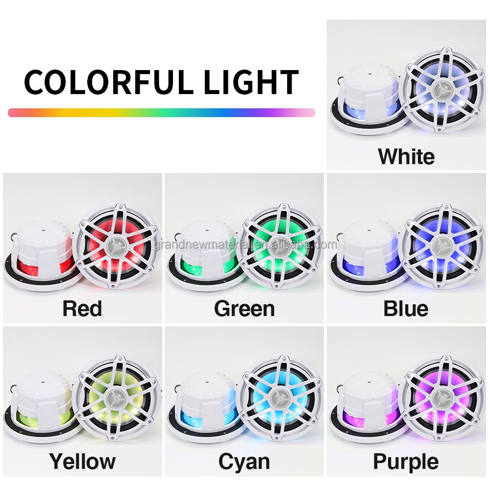 Grandnavi 6.5" Light 6 Modes 7 Colors Marine Speaker with RGB Light Grey PP Cone Waterproof IP67 for Boat Yacht