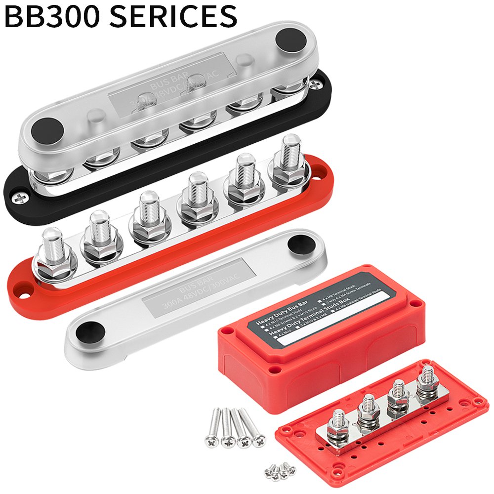 DC 150A 200A 250A 300A Tinned Copper Bus Bar Terminal Black Red Car Audio Fused Distribution Blocks with Cover for Marine Boat