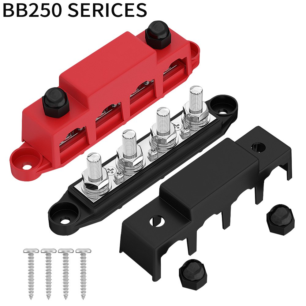 DC 150A 200A 250A 300A Tinned Copper Bus Bar Terminal Black Red Car Audio Fused Distribution Blocks with Cover for Marine Boat