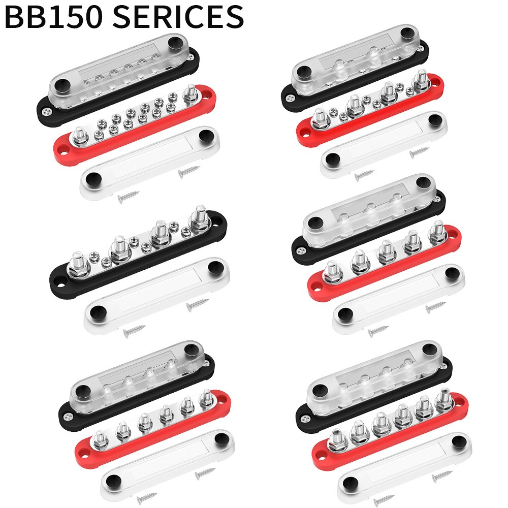 DC 150A 200A 250A 300A Tinned Copper Bus Bar Terminal Black Red Car Audio Fused Distribution Blocks with Cover for Marine Boat