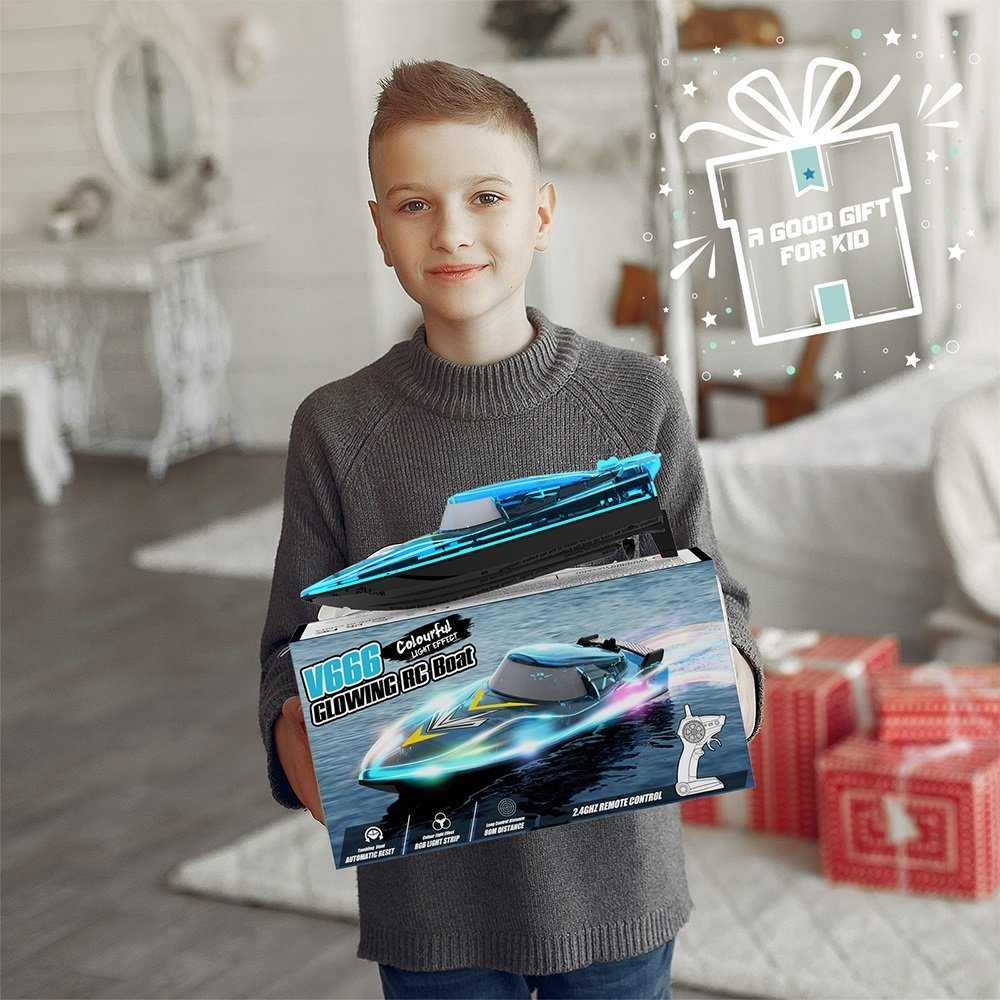 Luxury RC Boat Toy V666 Cover Waterproof Motorboat Long Endurance 80M Over Distance Reminder With Multiple LED Light Modes