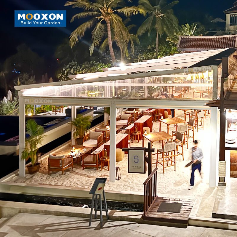 Mooxon Motorized Retractable Pergola with Waterproof PVC Roof Awning for Outdoor Sunshade