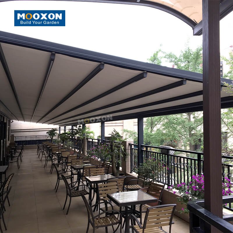 Mooxon Motorized Retractable Pergola with Waterproof PVC Roof Awning for Outdoor Sunshade