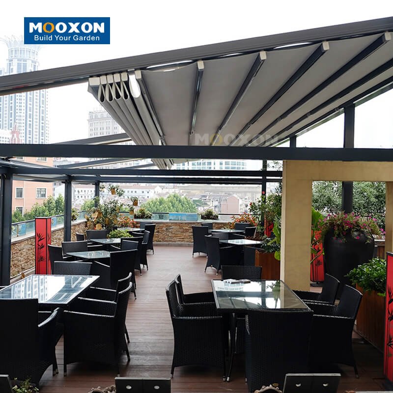 Mooxon Motorized Retractable Pergola with Waterproof PVC Roof Awning for Outdoor Sunshade