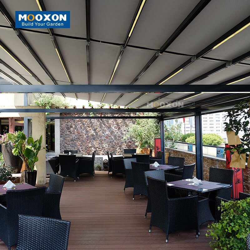 Mooxon Motorized Retractable Pergola with Waterproof PVC Roof Awning for Outdoor Sunshade